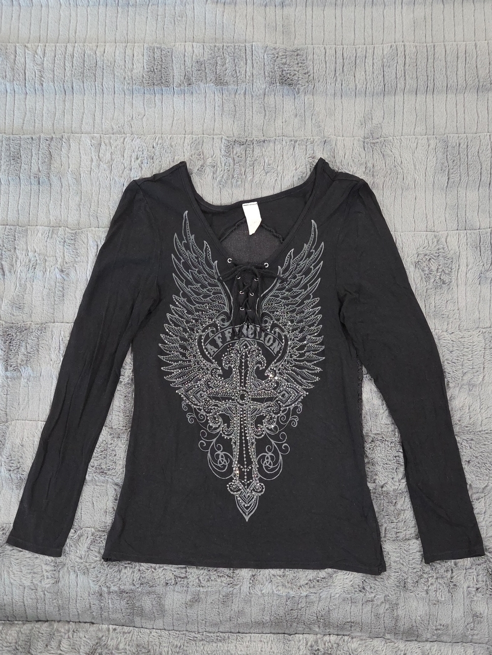 Affliction Black Lace-Up  "Blingy" Graphic Long Sleeve Top
